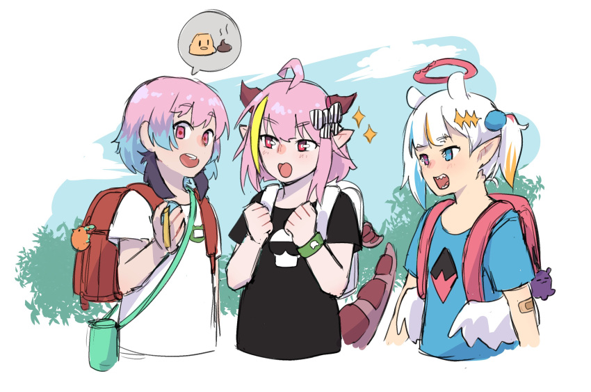 3girls ahoge animal_ears asacoco backpack bag bag_charm bandaid bandaid_on_arm bangs bite_mark black_shirt blonde_hair blue_eyes blue_hair blue_shirt bow bright_pupils charm_(object) child clara_mori commentary crmanzana cropped_torso day diagonal-striped_bow dragon_girl dragon_horns dragon_tail earrings english_commentary extra_ears eyebrows_visible_through_hair feather_earrings feathers gawah_guwah hair_bow hair_ornament halo heterochromia highres holding hololive horns if_they_mated jewelry kira_kiryope kotori_(takanashi_kiara) looking_at_another low_wings multicolored_hair multiple_girls one_side_up open_mouth orange_hair outdoors pink_eyes pink_hair pointy_ears poop print_shirt purple_hair red_bag red_eyes redhead school_bag shirt short_hair short_sleeves shoulder_bag sidelocks sketch skull_print sparkle streaked_hair striped striped_bow tail tako_(ninomae_ina'nis) tamagotchi tied_hair upper_body violet_eyes virtual_youtuber what_if white_bag white_hair white_pupils white_shirt white_wings wings wristband