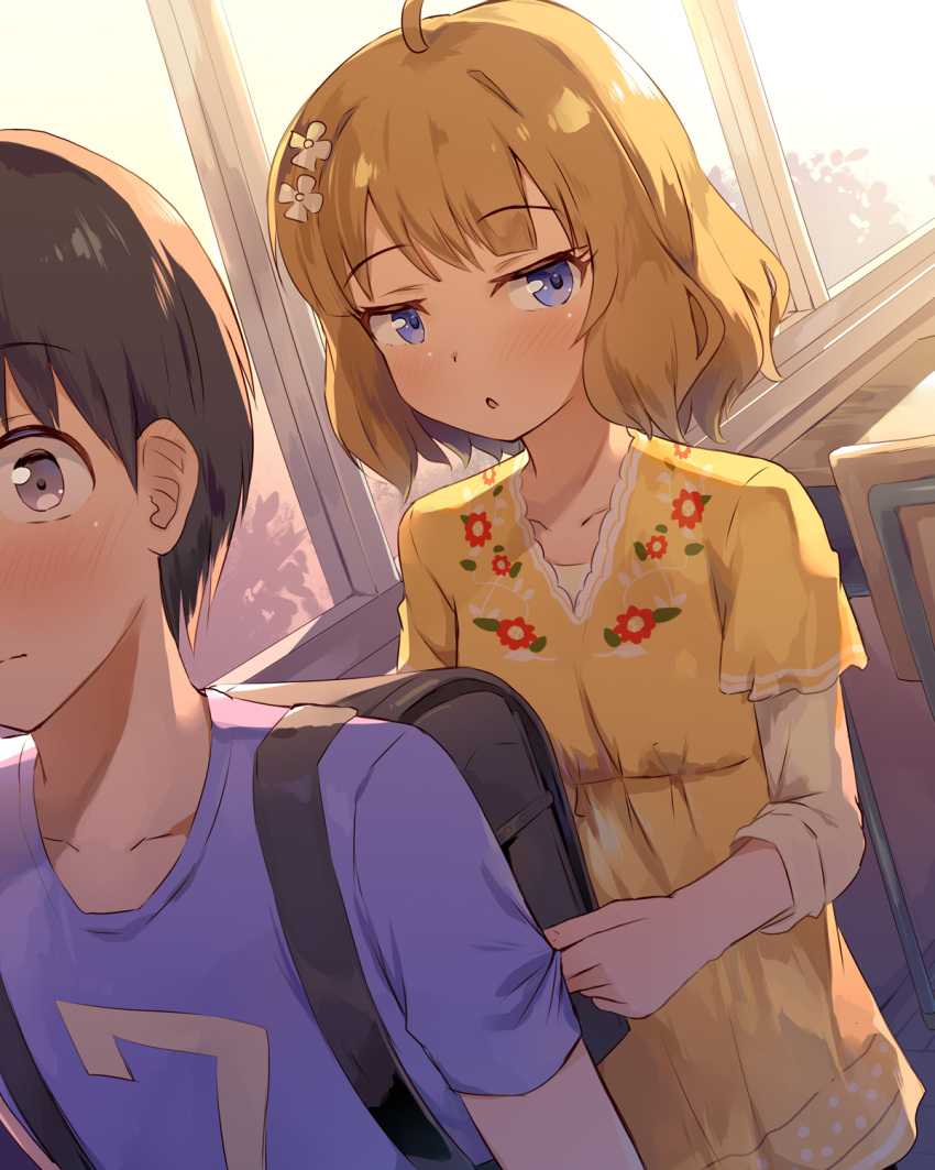 1boy 1girl :o ahoge backpack bag black_hair blue_eyes blue_shirt blush brown_hair chair closed_mouth commentary_request desk dress floral_print flower grey_eyes hair_flower hair_ornament highres idolmaster idolmaster_million_live! indoors layered_sleeves long_sleeves original parted_lips print_dress school_chair school_desk seneto shirt short_over_long_sleeves short_sleeves sleeve_tug solo_focus suou_momoko white_flower window yellow_dress