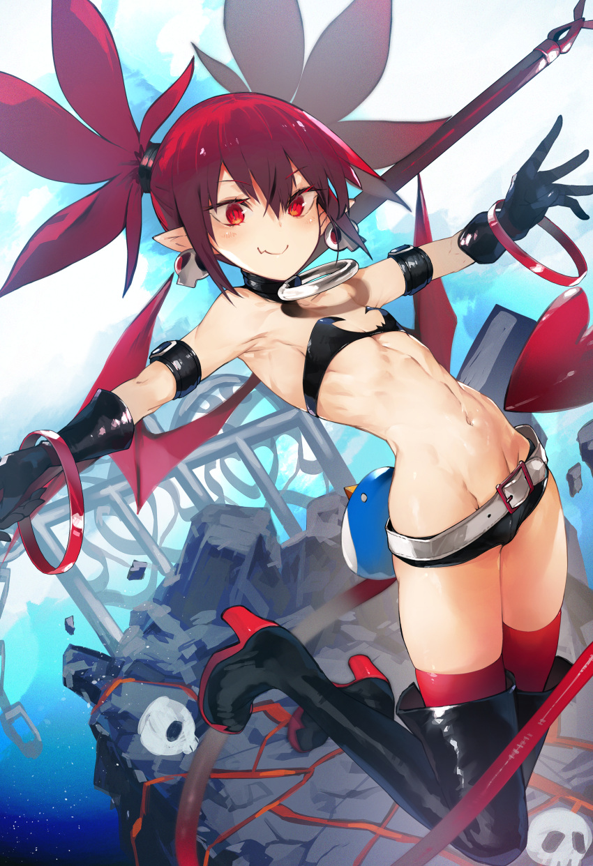 1girl absurdres belt black_gloves black_shorts boots choker closed_mouth demon_girl demon_tail demon_wings disgaea earrings elbow_gloves etna fang flat_chest gloves groin high_heels highres huge_filesize jewelry looking_at_viewer makai_senki_disgaea navel nishiide_kengorou outstretched_arms pointy_ears red_eyes red_legwear red_wings redhead short_shorts shorts skin_fang skirt skull_earrings solo stomach tail thigh-highs twintails wings