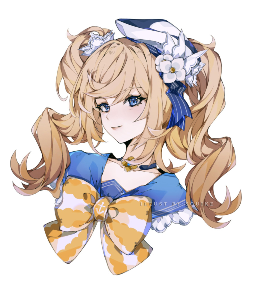 1girl artist_name bangs barbara_pegg blonde_hair blue_eyes blue_sailor_collar bow bowtie collarbone commentary cropped_shoulders english_commentary face flower frilled_sailor_collar frills genshin_impact hair_ornament hat highres long_hair looking_at_viewer misshao_00 portrait sailor_collar sailor_hat solo twintails white_background white_flower white_headwear yellow_bow yellow_neckwear