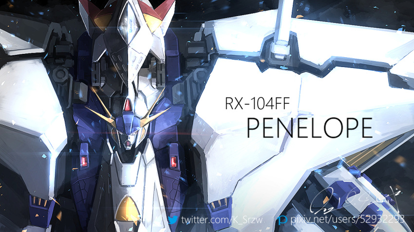 character_name commentary_request english_text gundam gundam_hathaway's_flash mecha mobile_suit no_humans penelope_(hathaway's_flash) pixiv_id pixiv_logo science_fiction serike_w signature solo twitter_logo twitter_username upper_body v-fin