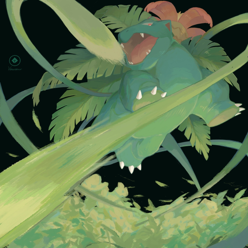 character_name claws commentary_request fangs from_below gen_1_pokemon highres looking_down no_humans open_mouth plant pokemon pokemon_(creature) red_eyes ricmoo3 solo tongue venusaur vines