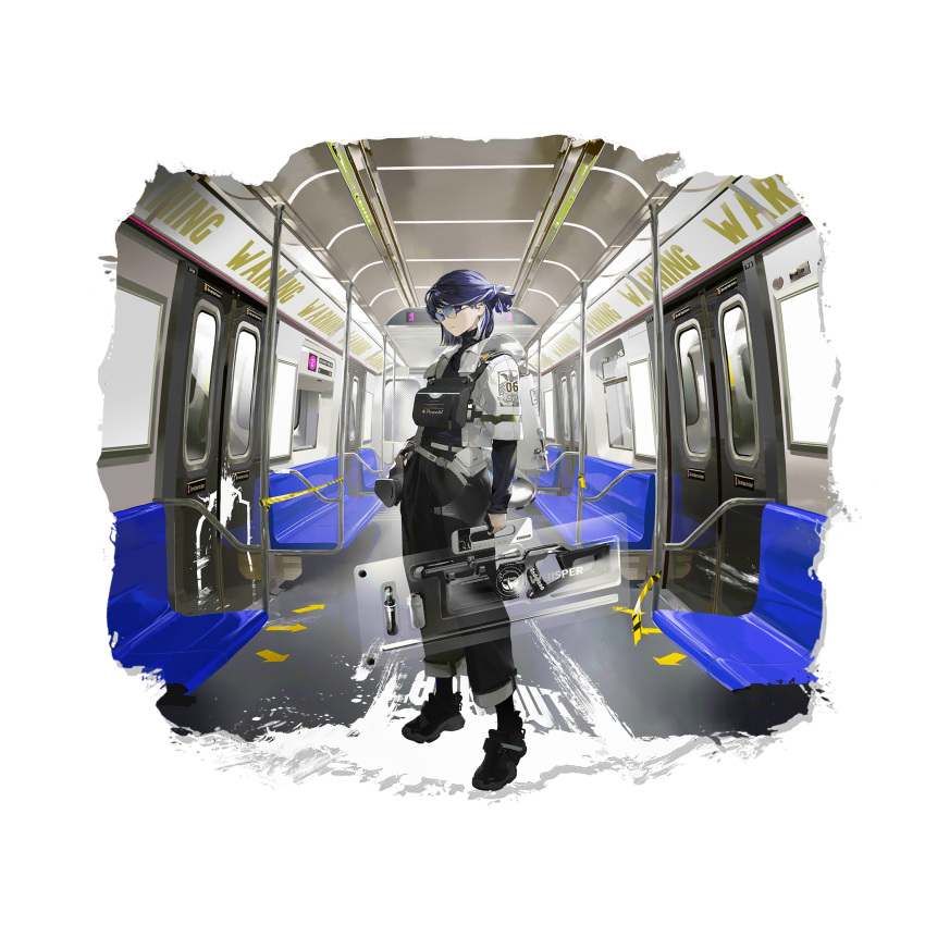 1girl andreana_(arknights) andreana_(silent_arrow)_(arknights) arknights bangs bespectacled black_footwear black_pants door full_body glasses highres holding jacket llc long_sleeves looking_at_viewer official_alternate_costume official_art pants pouch purple_hair shoes short_hair solo standing train_interior transparent_background violet_eyes white_jacket