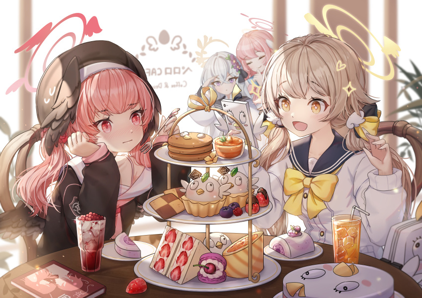 4girls :d absurdres aru_(blue_archive) bangs beret black_headwear black_shirt blue_archive blue_sailor_collar book bow bowtie brown_eyes cake character_request closed_eyes commentary_request cup drinking_straw eyebrows_visible_through_hair food fork halo hat hifumi_(blue_archive) highres holding holding_fork holding_phone huge_filesize juice kasia0309 koharu_(blue_archive) light_brown_hair long_hair long_sleeves multiple_girls open_mouth phone pink_hair red_eyes sailor_collar school_uniform serafuku shirt silver_hair smile strawberry_shortcake table tiered_tray twintails violet_eyes white_shirt yellow_bow yellow_neckwear