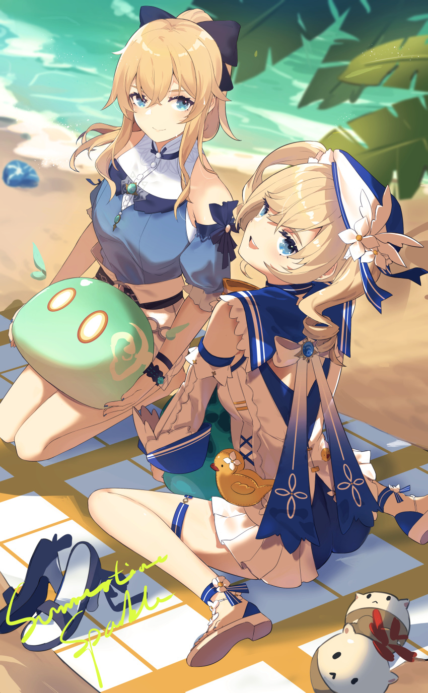 2girls absurdres bangs barbara_pegg blonde_hair blue_eyes blush bow breasts genshin_impact hair_bow highres jean_gunnhildr large_breasts long_hair looking_at_viewer medium_breasts moonlaw multiple_girls open_mouth ponytail sidelocks smile swimsuit twintails