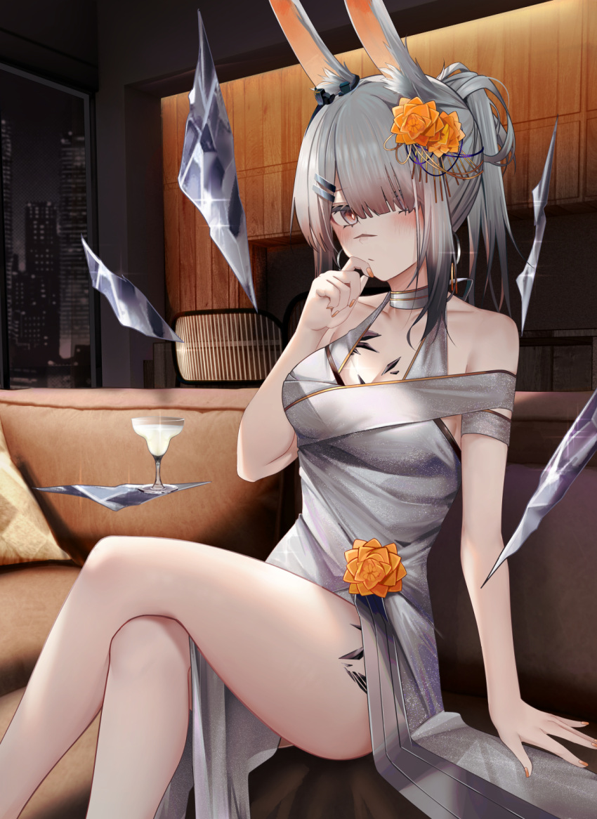 1girl animal_ears arknights bare_legs breasts choker cocktail_glass couch crossed_legs crystal cup dress drinking_glass flower frostnova_(arknights) grey_hair hair_flower hair_ornament hair_over_one_eye hairclip hand_up highres long_hair looking_at_viewer medium_breasts on_couch originium_(arknights) oripathy_lesion_(arknights) pink_eyes ponytail rabbit_ears ru_zhai scar scar_on_face scar_on_nose sitting sleeveless sleeveless_dress solo thighs white_dress