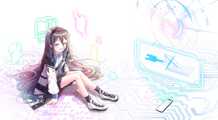 1girl absurdres arisu_(blue_archive) blue_archive blue_eyes blush cellphone dark_blue_hair english_commentary full_body highres long_hair necktie open_mouth phone school_uniform shoes simple_background sitting solo user_pskr7877 very_long_hair wallpaper white_background