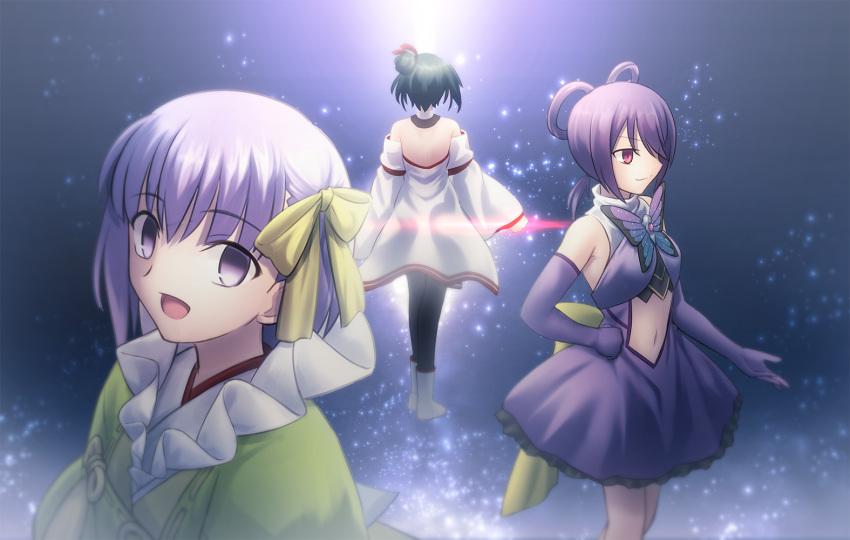3girls bangs bare_shoulders black_hair black_legwear bow character_request closed_mouth crossover detached_collar detached_sleeves dress elbow_gloves eyebrows_visible_through_hair fate/extra fate/extra_ccc fate_(series) frills gloves green_kimono hair_bow hair_bun hand_on_hip japanese_clothes kazuradrop_(fate) kimono long_sleeves looking_at_viewer medium_hair midriff migiha multiple_girls navel off_shoulder open_mouth pantyhose purple_dress purple_hair sidelocks smile standing swept_bangs thighs tongue violet_eyes white_dress