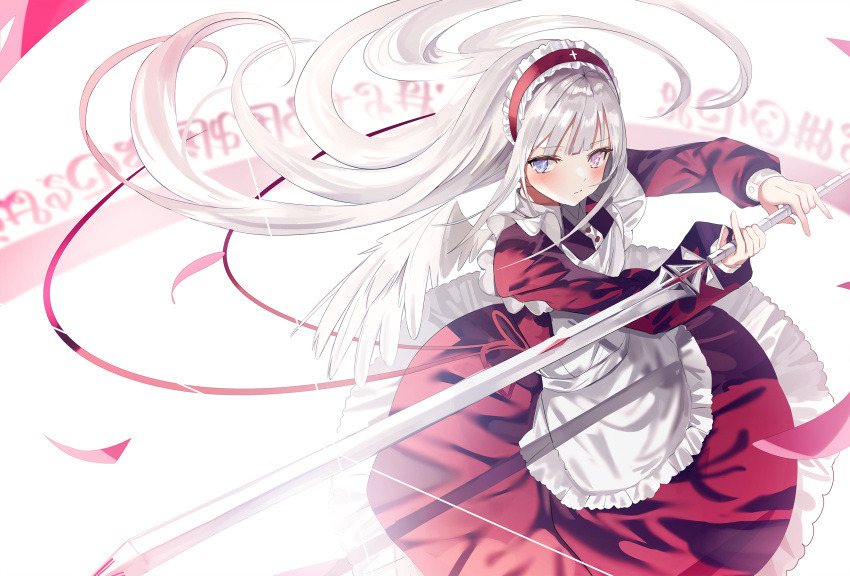 1girl angel_wings apron bangs blue_eyes blush commentary_request dress eyebrows_visible_through_hair feathered_wings floating_hair frilled_hairband frills green_night hairband heterochromia highres holding holding_sword holding_weapon long_hair long_sleeves original pink_eyes puffy_long_sleeves puffy_sleeves red_dress red_ribbon ribbon silver_hair solo sword very_long_hair weapon white_apron white_wings wings