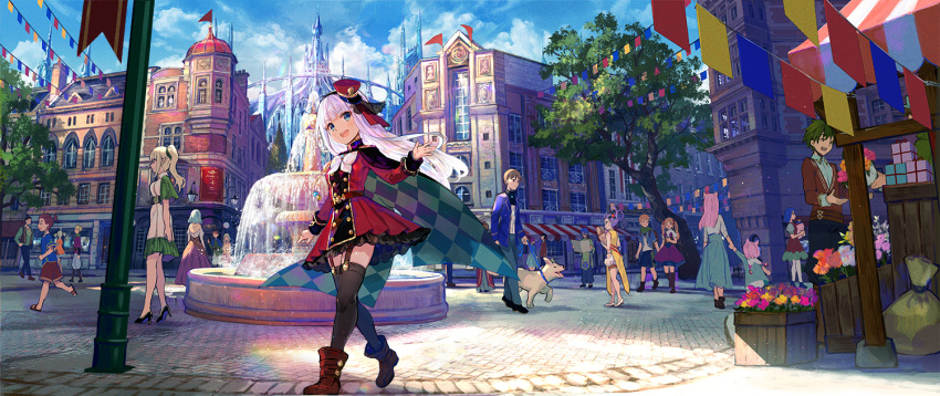 1girl :d black_legwear blue_eyes boots brown_footwear building buttons cape castle crowd day double-breasted dress fantasy fountain fuzichoco garter_straps gold_trim hat kenja_no_deshi_wo_nanoru_kenja long_hair looking_at_viewer mira_(kenja) multiple_others open_mouth outdoors pavement peaked_cap red_dress red_headwear sideways_hat smile solo thigh-highs town tree uniform walking white_hair zettai_ryouiki