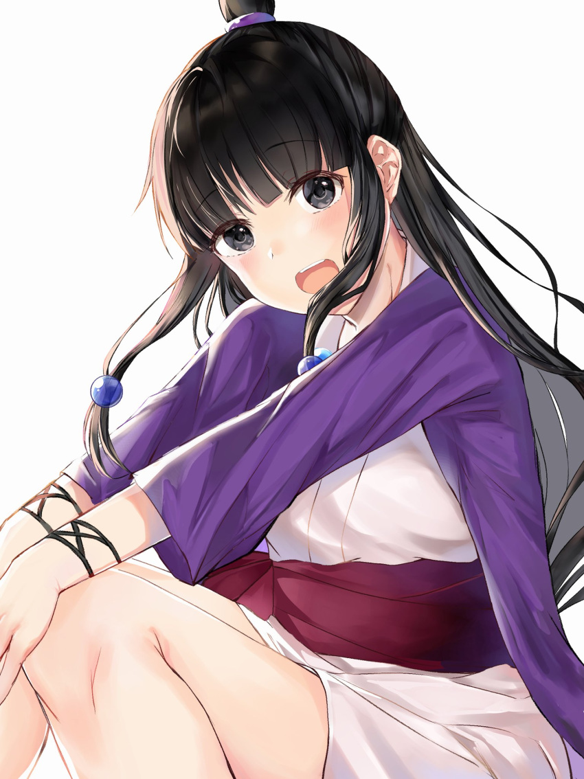 1girl ayasato_mayoi black_hair gyakuten_saiban hair_ornament half_updo highres japanese_clothes jewelry long_hair looking_at_viewer magatama necklace open_mouth sayuri3sei simple_background smile solo white_background