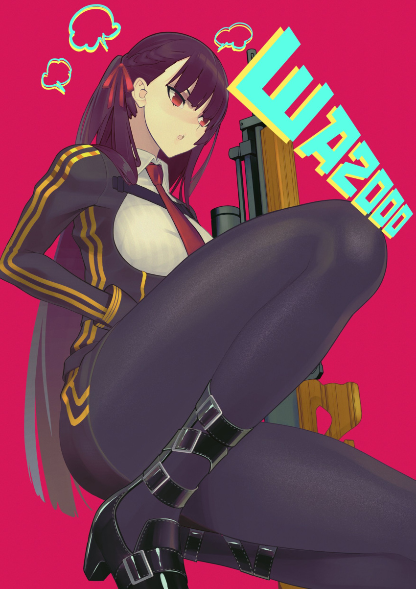 1girl =3 absurdres bangs black_legwear blazer breasts bullpup character_name collared_shirt commentary eyebrows_behind_hair framed_breasts full_body girls_frontline gun hair_ribbon half_updo high-waist_skirt highres holding holding_gun holding_weapon jacket legs long_hair long_sleeves looking_away medium_breasts necktie one_side_up open_mouth pantyhose purple_hair red_background red_eyes red_neckwear red_ribbon ribbon rifle scope shiny shiny_footwear shirt shoes simple_background skirt sniper_rifle solo squatting straight_hair strap sugimoto_takeshi thighband_pantyhose wa2000_(girls_frontline) walther walther_wa_2000 weapon white_shirt