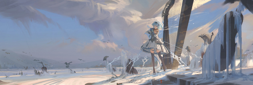 1girl absurdres artist_name bird black_hairband blue_hair boots cello clouds commentary dated dress english_text eula_(genshin_impact) genshin_impact gloves hair_ornament hairband harp high_heels highres ice instrument long_sleeves medium_hair music outdoors photoshop_(medium) playing_instrument scenery single_glove snow solo stairs stone_stairs thigh-highs thigh_boots violet_eyes violin void_0 vulture