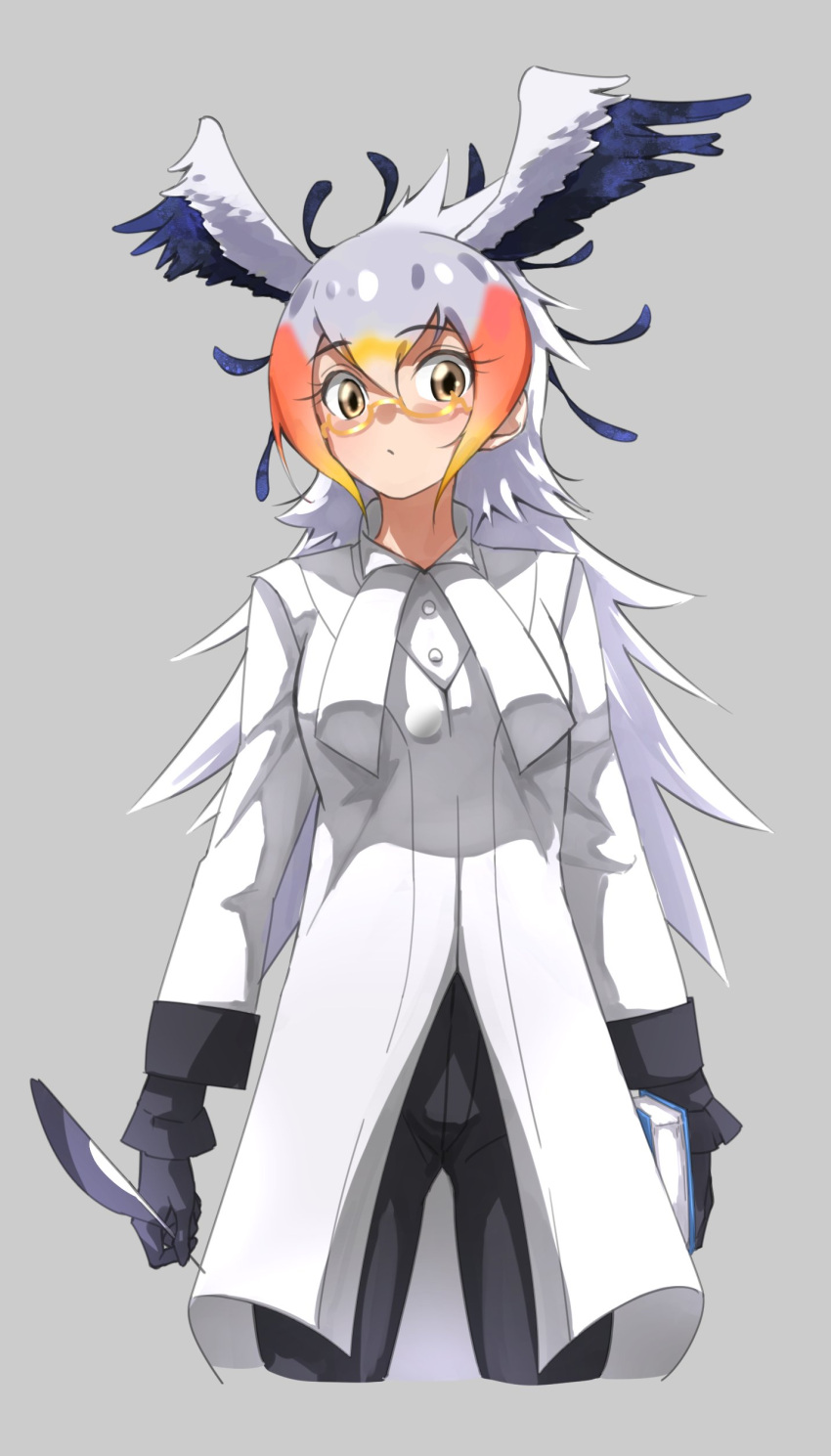 1girl absurdres bird_girl bird_wings black_gloves black_hair black_pants blonde_hair blue_hair book collared_shirt commentary_request cowboy_shot eyebrows_visible_through_hair glasses gloves gradient_hair grey_hair hair_between_eyes head_wings highres jacket kemono_friends long_jacket multicolored_hair orange_hair pants quill secretarybird_(kemono_friends) semi-rimless_eyewear shirt sleeve_cuffs solo tanabe_(fueisei) white_jacket white_shirt wings yellow_eyes