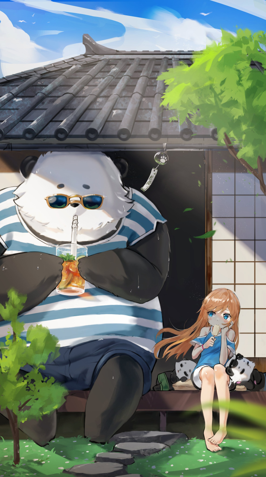1girl absurdres barefoot blonde_hair blue_eyes cup drinking drinking_glass drinking_straw food highres long_hair male_swimwear original orobou popsicle samantha_(admiral_bahroo) shirt sitting size_difference sleeping striped striped_shirt sunglasses sweat swim_trunks wind_chime younger