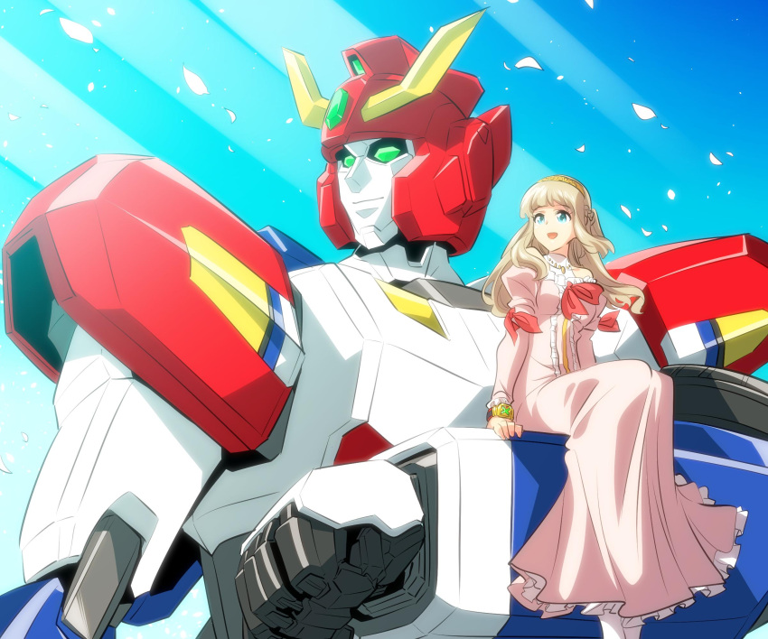 1girl 1other aqua_eyes bare_shoulders bracelet brave_princess_(ishiyumi) commentary dress frilled_dress frills green_eyes hairband highres ishiyumi jewelry juliet_sleeves light_brown_hair long_dress long_hair long_sleeves looking_away mecha neck_ribbon necklace open_mouth original petals pink_dress puffy_sleeves ribbon sitting_on_arm smile super_robot title_page wind xe-shine_(ishiyumi) yuusha_series