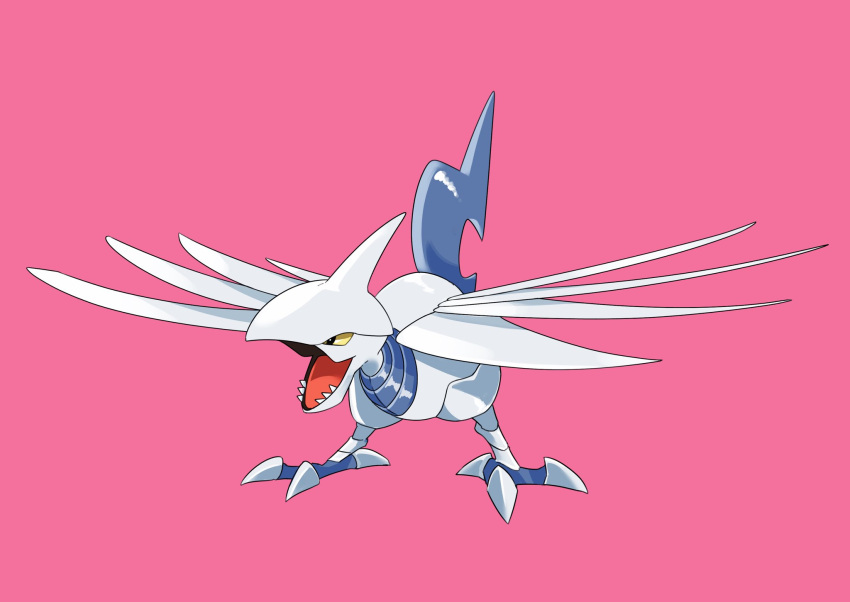 black_eyes colored_sclera commentary_request fangs fukafuka full_body gen_2_pokemon highres no_humans open_mouth pink_background pokemon pokemon_(creature) simple_background skarmory solo standing tongue yellow_sclera