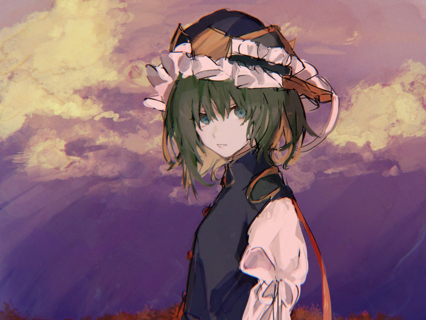 1girl asymmetrical_hair blue_eyes blue_headwear blue_vest clouds flower from_side green_hair hat highres koyomiyoko_o looking_at_viewer medium_hair outdoors shiki_eiki shirt solo spider_lily touhou upper_body vest white_shirt