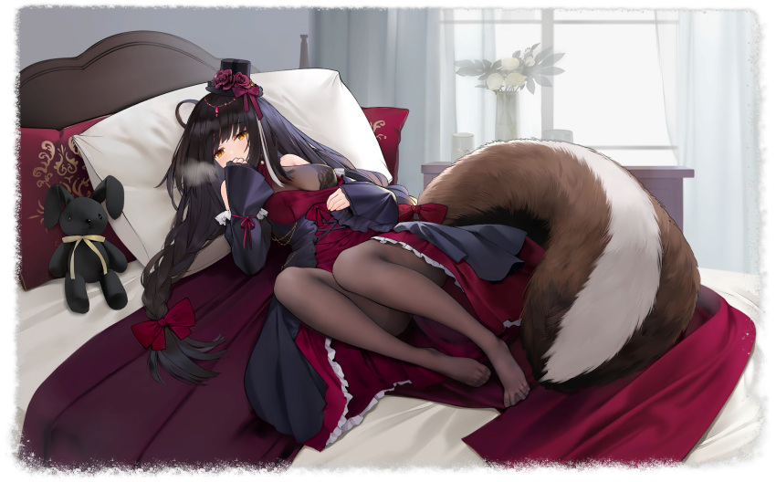 1girl animal_ears azur_lane black_bra black_hair black_headwear black_legwear bra braid dress hat highres long_hair looking_at_viewer lying naganami_(azur_lane) naganami_(long-awaited_warmth)_(azur_lane) official_alternate_costume official_art on_bed on_side pantyhose pillow see-through squirrel_ears squirrel_tail suisai tail transparent_background two-tone_dress underwear yellow_eyes