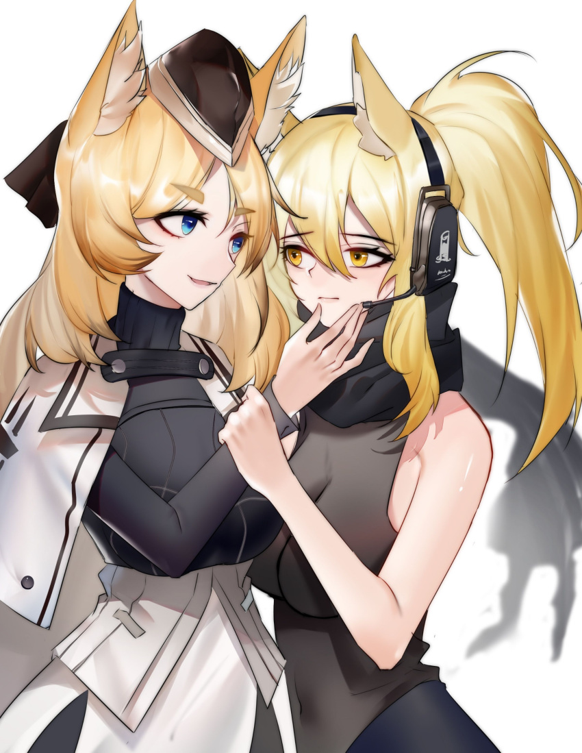 2girls :d absurdres arknights aunt_and_niece bangs bare_arms bare_shoulders black_headwear black_ribbon black_scarf black_shirt blonde_hair blue_eyes breasts chinese_commentary commentary_request covered_navel eye_contact eyebrows_visible_through_hair hair_between_eyes hair_ribbon hand_on_another's_cheek hand_on_another's_face hand_up hat headphones headset highres incest long_hair long_sleeves looking_at_another medium_breasts mini_hat multiple_girls nearl_(arknights) open_mouth ponytail ribbon scarf shenyuheimao shirt simple_background sleeveless smile turtleneck upper_body whislash_(arknights) white_background yuri