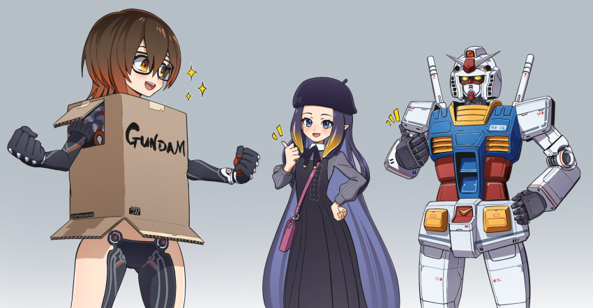2girls bag beret box brown_hair camouflage camouflage_jacket cardboard_box cardboard_box_gundam clenched_hand clenched_hands cropped_jacket english_commentary forehead gradient gradient_background gradient_hair gundam hand_on_hip handbag hat highres hololive hololive_english jacket long_hair mecha mechanical_arms mechanical_legs meme mixed-language_commentary mobile_suit mobile_suit_gundam multicolored_hair multiple_girls ninomae_ina'nis nyaring943 parody pink_bag pink_hair purple_hair roboco-san rx-78-2 science_fiction short_hair sparkle thumbs_up v-fin very_long_hair violet_eyes yellow_eyes