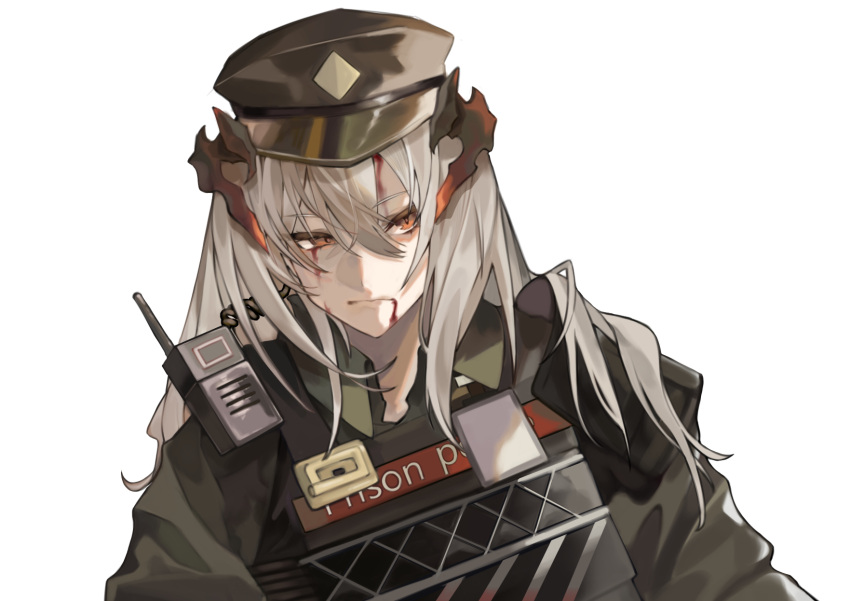 1girl arknights black_headwear blood blood_from_mouth blood_on_face closed_mouth collared_shirt commentary_request dragon_horns english_text eyebrows_visible_through_hair green_shirt hat highres horns id_card long_hair looking_away military_hat official_alternate_costume orange_eyes plate_carrier saria_(arknights) saria_(iron_law)_(arknights) shirt sideways_glance silver_hair simple_background solo tokinhr upper_body walkie-talkie white_background