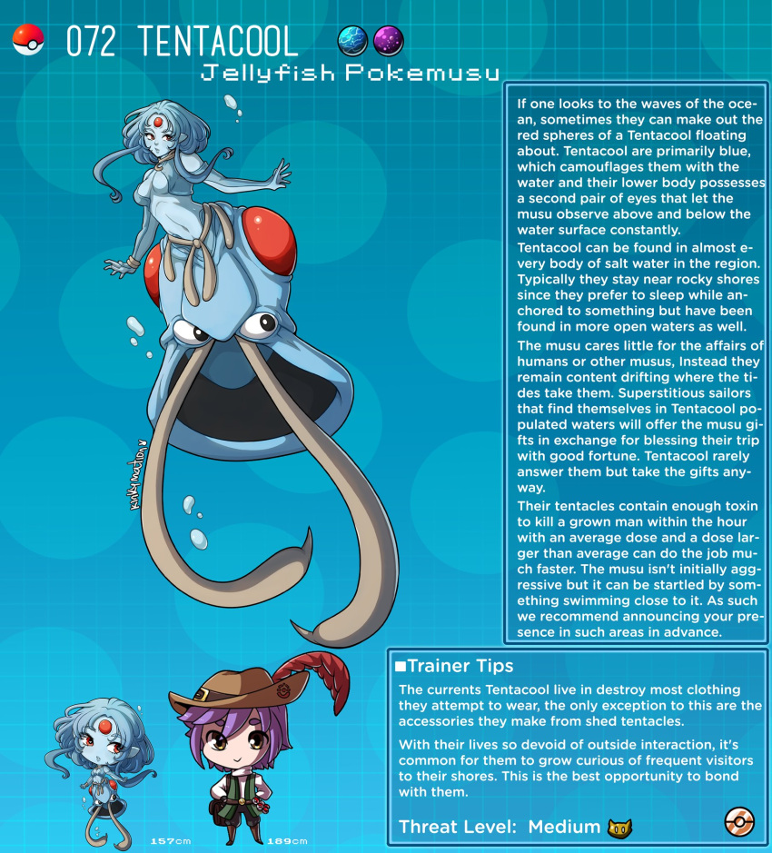 1boy 1girl artist_name blue_skin character_name character_profile colored_skin commentary english_commentary english_text gen_1_pokemon hat hat_feather highres kinkymation monster_girl personification poke_ball poke_ball_(basic) pokemon purple_hair tentacool