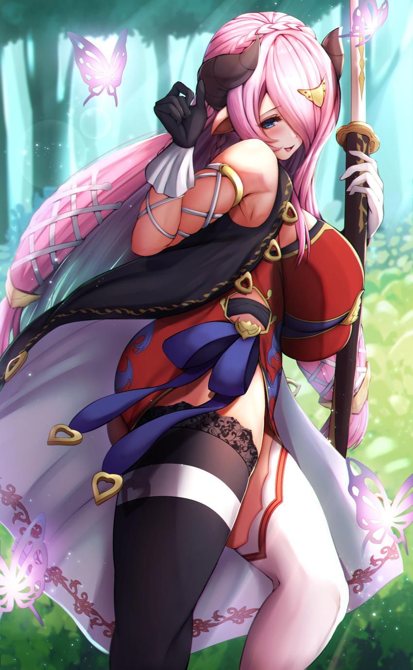 1girl absurdres bare_shoulders black_gloves blue_eyes blush breasts bug butterfly draph dress feet_out_of_frame gloves granblue_fantasy hair_ornament hair_over_one_eye hand_up highres holding holding_weapon horns insect katana large_breasts long_hair looking_at_viewer mismatched_gloves mismatched_legwear narmaya_(granblue_fantasy) one_eye_covered outdoors parted_lips pink_hair pointy_ears red_dress side_slit smile solo standing sword thigh-highs thighs tiri_man weapon white_gloves