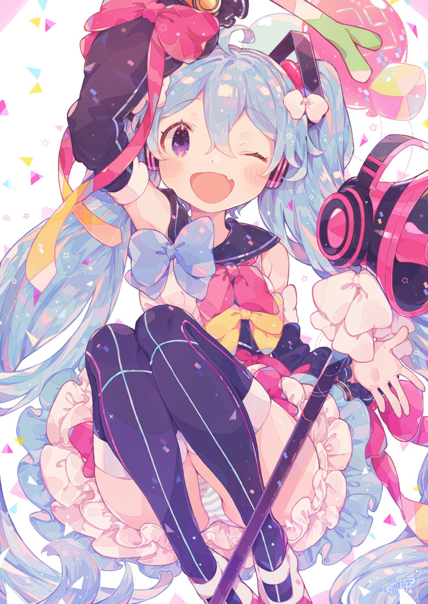 1girl ;d amakawa_tamawo arm_up balloon black_legwear black_skirt blue_bow blush bow commentary_request detached_sleeves fang feet_out_of_frame food frilled_skirt frills hatsune_miku headphones highres holding holding_food holding_microphone_stand knees_up leek light_blue_hair long_hair microphone_stand multiple_bows one_eye_closed open_mouth panties pantyshot pink_bow simple_background skin_fang skirt smile solo striped striped_panties thigh-highs triangle underwear very_long_hair violet_eyes vocaloid white_background yellow_bow