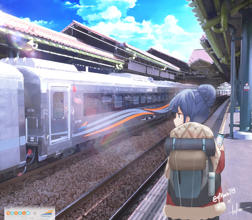 1girl absurdres backpack bag bangs blue_hair blue_jacket blue_sky cellphone clouds copyright_name day from_behind ground_vehicle hair_bun highres holding holding_phone jacket lens_flare noor7 outdoors phone railroad_tracks rooftop shawl shima_rin sidelocks signature sky smartphone solo standing train train_station train_station_platform upper_body vanishing_point violet_eyes yurucamp