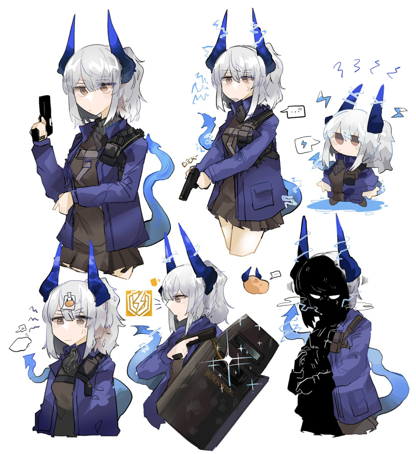 ... 1girl anger_vein arknights black_shirt black_skirt blue_jacket chibi dragon_girl dragon_horns dragon_tail electricity expressive_tail gun handgun highres holding holding_gun holding_shield holding_weapon horns jacket liskarm_(arknights) multiple_views odmised open_clothes open_jacket pleated_skirt potato shield shirt simple_background skirt spoken_anger_vein spoken_ellipsis spoken_lightning_bolt sticky_note tail weapon white_background yellow_eyes