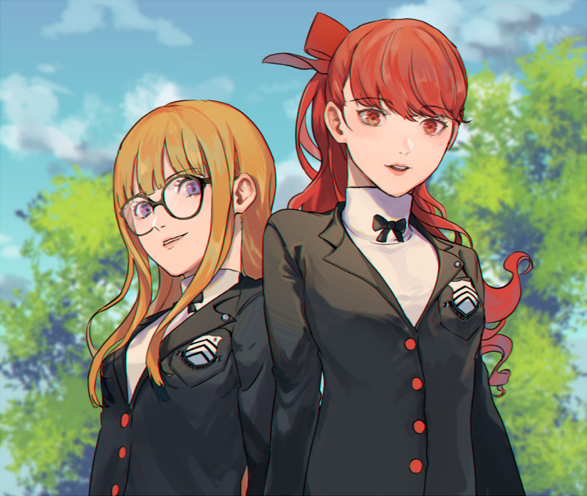 2girls bangs black-framed_eyewear black_bow black_jacket black_neckwear bow bowtie_removed breasts buttons clouds commentary_request day eyebrows_visible_through_hair glasses hair_between_eyes hair_bow hanimo0404 jacket lips long_hair long_sleeves looking_at_viewer medium_breasts multiple_girls open_mouth orange_hair outdoors parted_lips persona persona_5 persona_5_the_royal pocket ponytail red_bow red_eyes redhead sakura_futaba school_uniform shirt shuujin_academy_uniform sidelocks sky smile teeth tree uniform violet_eyes white_shirt yoshizawa_kasumi