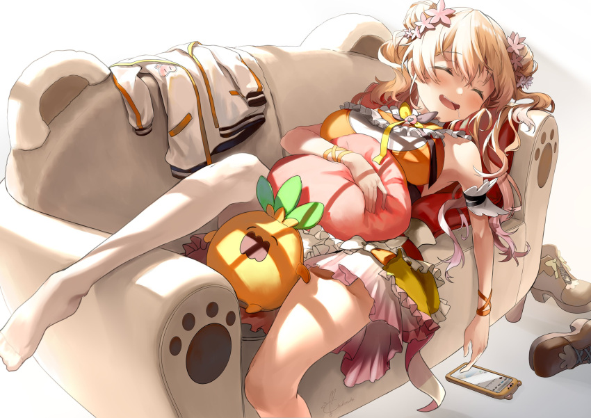 1girl arm_garter blonde_hair blush breasts cellphone closed_eyes commentary couch double_bun dress drooling eyebrows_visible_through_hair flower foot_out_of_frame frilled_dress frills gradient_hair hair_between_eyes hair_flower hair_ornament highres hololive jacket jacket_removed kito_koruta long_hair lying medium_breasts momosuzu_nene multicolored_hair nekko_(momosuzu_nene) official_alternate_costume on_back open_mouth orange_dress partially_undressed phone pillow pink_hair ribbon saliva shoes_removed simple_background single_thighhigh sleeping sleeveless sleeveless_dress smartphone smile solo stuffed_toy thigh-highs thighs two-tone_hair two_side_up virtual_youtuber white_background white_jacket white_legwear wrist_ribbon