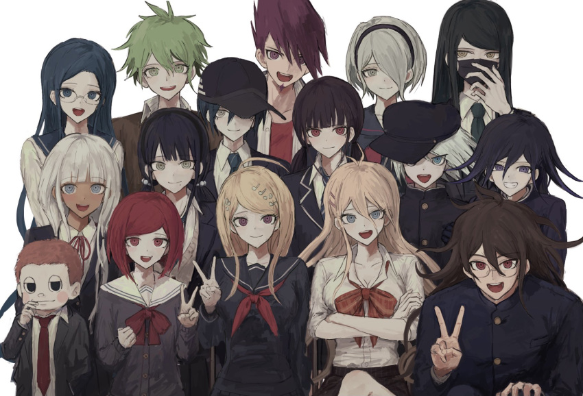 6+boys 6+girls akamatsu_kaede amami_rantarou bangs black_hair black_hairband black_headwear black_jacket black_mask blonde_hair blue_eyes blue_hair blunt_bangs bow breasts brown_hair brown_skirt chabashira_tenko collarbone collared_shirt dangan_ronpa_(series) dangan_ronpa_v3:_killing_harmony eyebrows_visible_through_hair facial_hair gakuran glasses goatee gokuhara_gonta green_hair grey_background grey_hair hair_between_eyes hair_over_one_eye hairband hand_up hands_over_mouth harukawa_maki highres hoshi_ryouma iruma_miu iumi_urura jacket keebo large_breasts long_hair long_sleeves looking_at_viewer low_twintails mask messy_hair mole mole_under_eye mole_under_mouth momota_kaito mouth_mask multicolored_hair multiple_boys multiple_girls neck_ribbon neckerchief necktie official_alternate_costume ouma_kokichi plaid plaid_bow plaid_skirt purple_hair red_bow red_eyes red_neckwear red_ribbon red_shirt redhead ribbon round_eyewear saihara_shuuichi sailor_collar school_uniform serafuku shinguuji_korekiyo shirogane_tsumugi shirt short_hair simple_background skirt smile striped striped_neckwear toujou_kirumi twintails two-tone_hair upper_teeth v very_short_hair yonaga_angie yumeno_himiko