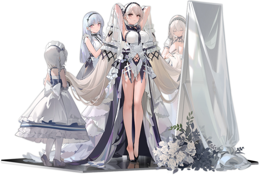 4girls absurdly_long_hair armpits azur_lane black_footwear breasts clothing_cutout dido_(azur_lane) dress flower formidable_(azur_lane) formidable_(timeless_classics)_(azur_lane) hair_ornament hairband high_heels highres kincora large_breasts little_bel_(azur_lane) long_hair looking_at_viewer maid maid_headdress multiple_girls navel navel_cutout official_alternate_costume official_art sirius_(azur_lane) toe_cleavage transparent_background twintails very_long_hair white_hair