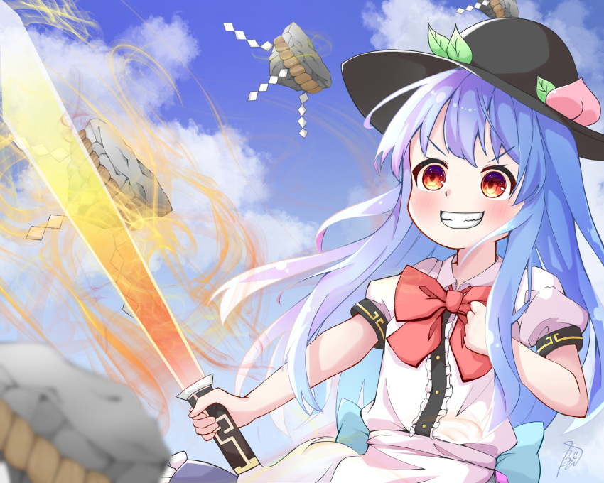 1girl bangs black_headwear blouse blue_hair blue_sky blurry blurry_foreground bow bowtie clouds food fruit grin highres hinanawi_tenshi holding holding_sword holding_weapon karuthi keystone leaf long_hair outdoors peach puffy_short_sleeves puffy_sleeves red_eyes red_neckwear rope shide shimenawa shirt short_sleeves sky smile solo sword sword_of_hisou touhou upper_body v-shaped_eyebrows weapon white_blouse white_shirt