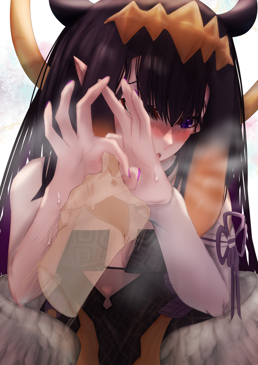 1boy 1girl absurdres black_collar blush breasts collar fur-trimmed_collar halo headpiece highres hololive hololive_english low_wings ninomae_ina'nis open_mouth purple_hair small_breasts tentacle_hair upper_teeth user_cugy7357 virtual_youtuber wings