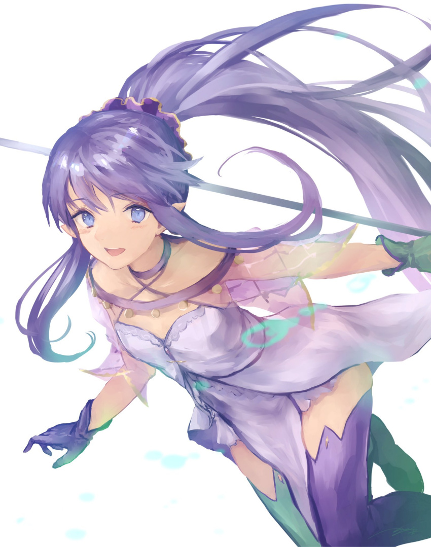 1girl bangs bare_shoulders blue_eyes blue_hair breasts collarbone dress fate/grand_order fate_(series) gloves green_gloves highres kouzuki_kei long_hair looking_at_viewer medea_(lily)_(fate) mismatched_gloves open_mouth parted_bangs pointy_ears ponytail purple_dress purple_gloves sidelocks small_breasts smile solo staff strapless strapless_dress thighs