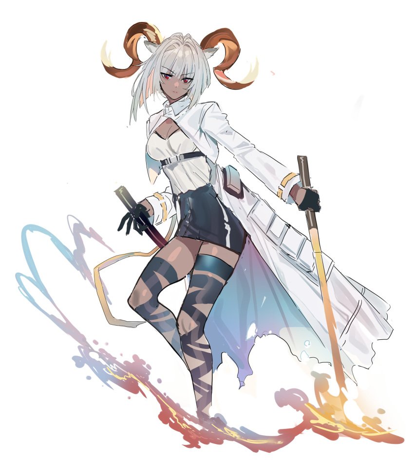 1girl animal_ears arknights black_gloves black_skirt carnelian_(arknights) cropped_jacket dark-skinned_female dark_skin dual_wielding echj gloves goat_ears goat_girl goat_horns hair_intakes highres holding holding_sword holding_weapon horns jacket red_eyes shirt short_hair simple_background skirt solo sword weapon white_background white_hair white_jacket white_shirt