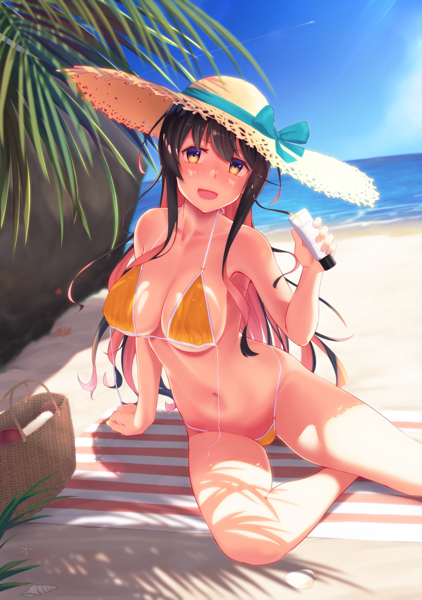 1girl bare_arms bare_legs bare_shoulders basket beach bikini black_hair blush breasts collarbone day eyebrows_visible_through_hair fang hat highres holding kantai_collection large_breasts long_hair moose_(moosemitchell2) multicolored_hair naganami_(kancolle) navel ocean open_mouth orange_bikini pink_hair shadow skin_fang smile solo sun_hat swimsuit yellow_eyes