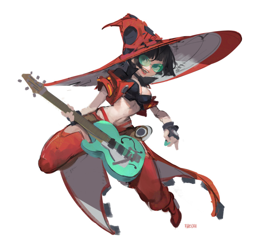 1girl black_hair boots electric_guitar fingerless_gloves gloves guilty_gear guilty_gear_strive guitar hat highres i-no instrument jacket red_headwear red_jacket red_legwear red_lips short_hair thigh-highs thigh_boots tinted_eyewear venus_symbol very_short_hair witch_hat