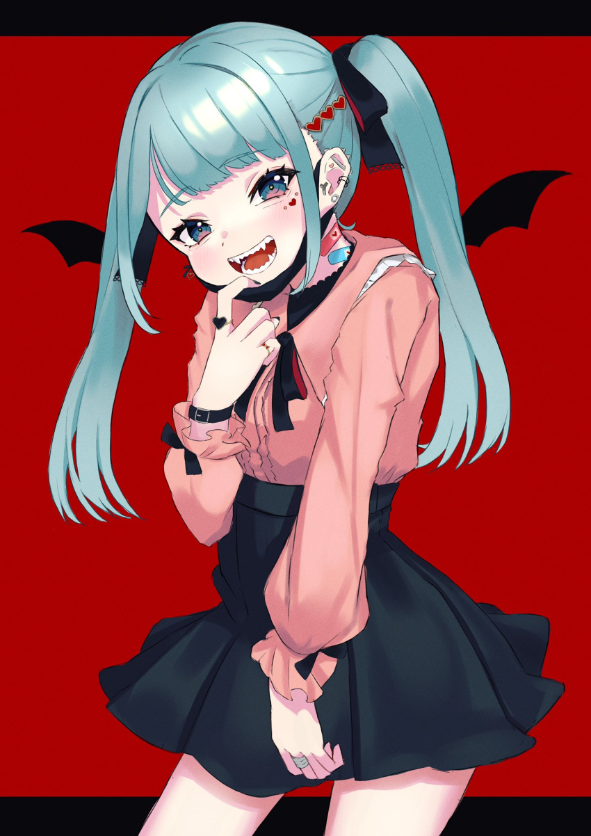 1girl aqua_hair bandaid bangs bat_wings black_ribbon black_skirt blue_eyes commentary eyebrows_visible_through_hair fangs hatsune_miku highres long_hair long_sleeves looking_at_viewer mask mask_removed mouth_mask open_mouth piku_39 pink_shirt red_background ribbon shirt skirt smile solo twintails vampire vampire_(vocaloid) vocaloid wings