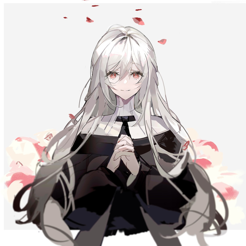 1girl arknights bangs black_dress dress eyebrows_visible_through_hair hair_between_eyes hands_clasped hands_up highres long_hair long_sleeves looking_at_viewer nun off-shoulder_dress off_shoulder own_hands_together praying red_eyes ribbed_sweater silver_hair smile solo specter_(arknights) sweater taiz22 tears turtleneck turtleneck_sweater upper_body white_background white_sweater