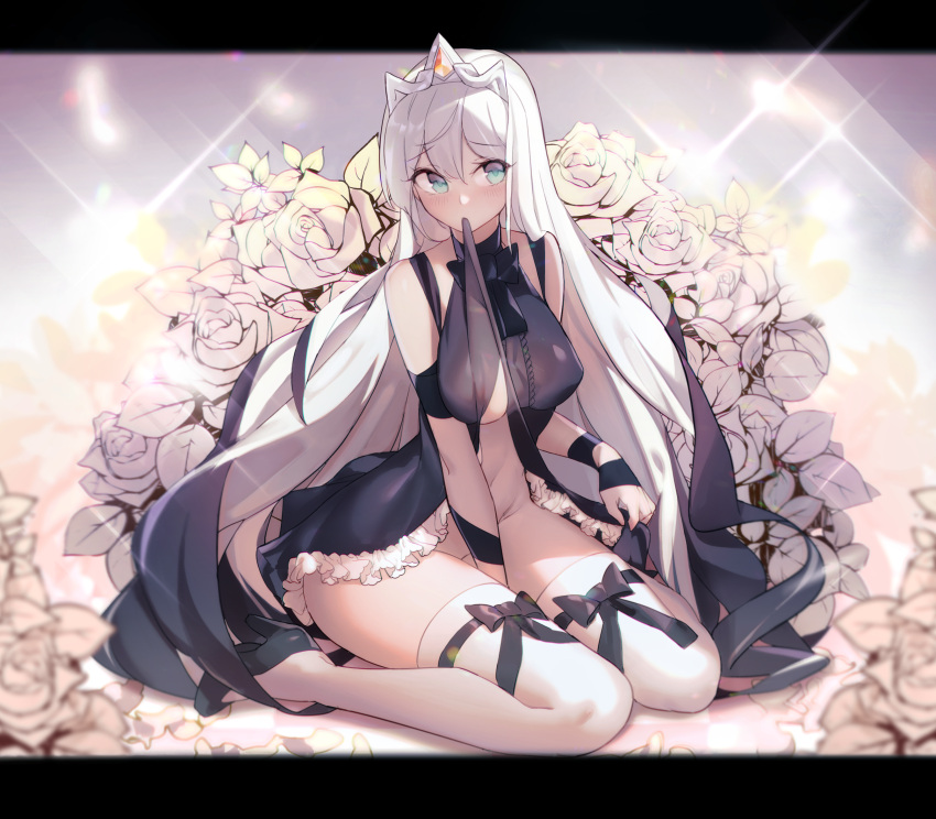 1girl black_footwear blush bottomless breasts character_request dress dungeon_and_fighter eyebrows_visible_through_hair frilled_dress frills grey_hair halter_dress halterneck high_heels highres long_hair looking_afar ludaf mouth_hold sitting solo thigh-highs thigh_bow tiara underwear wariza white_hair white_legwear