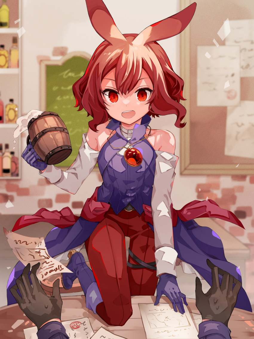 1girl 1other absurdres animal_ears bangs bare_shoulders beer_mug black_gloves blurry blurry_background blush collared_shirt collared_vest commentary_request cup gloves hair_between_eyes hand_up highres indoors jewelry knee_up long_sleeves looking_at_viewer luna_kuniculus mug multicolored_hair off-shoulder_shirt off_shoulder open_mouth pants pixiv_fantasia pixiv_fantasia_mountain_of_heaven purple_footwear purple_gloves purple_vest red_eyes red_pants redhead shirt short_hair smile solo_focus standing tori_(10ri) upper_teeth vest waist_cape white_shirt