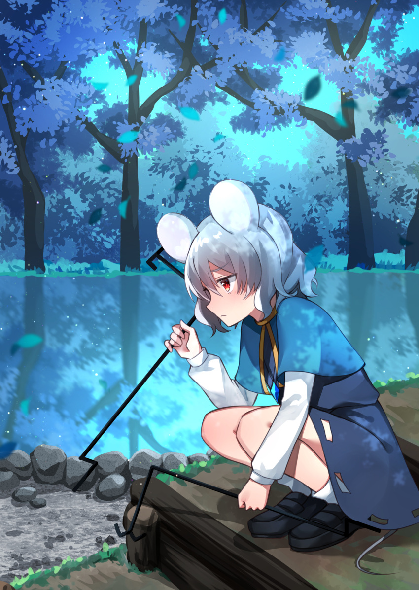 1girl absurdres animal_ears bangs black_footwear blue_capelet capelet closed_mouth dowsing_rod dress from_side frown grey_dress grey_hair highres katsuobushi_(eba_games) loafers long_sleeves looking_to_the_side medium_dress mouse_ears mouse_tail nazrin pond red_eyes shadow shoes short_hair socks solo squatting tail touhou tree white_legwear