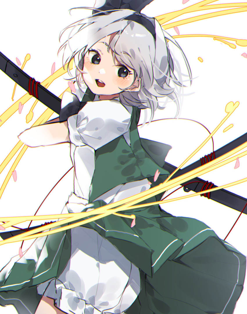 1girl black_hairband black_neckwear black_ribbon bloomers cowboy_shot earrings gominami green_skirt green_vest grey_hair hair_ribbon hairband highres holding holding_sword holding_weapon jewelry katana konpaku_youmu medium_hair open_mouth ribbon shirt short_sleeves skirt slashing solo sword touhou underwear vest weapon white_background white_shirt