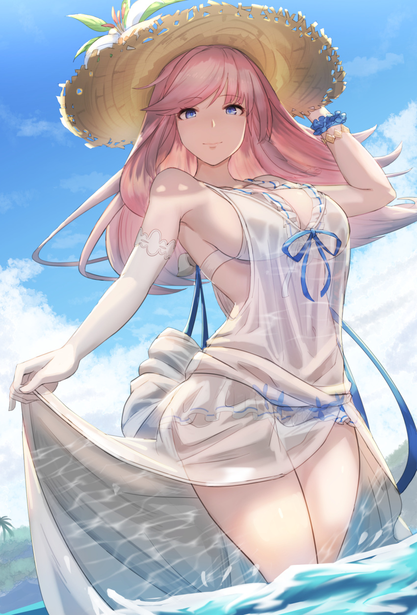 absurdres bangs bare_shoulders bikini blue_eyes breasts closed_mouth dress elbow_gloves eyebrows_visible_through_hair gabriel_(granblue_fantasy) gloves granblue_fantasy hat highres in_water kuyabudz large_breasts looking_at_viewer navel outdoors pink_hair scrunchie see-through sideboob single_elbow_glove skirt_hold sleeveless sleeveless_dress smile standing straw_hat swimsuit thighs water white_bikini white_dress wrist_scrunchie