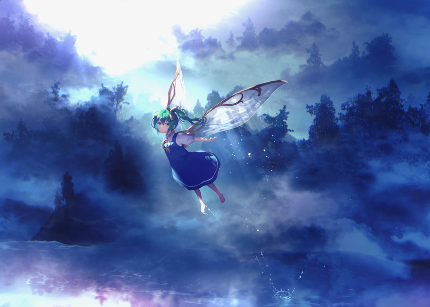 1girl blue_skirt bow bowtie daiyousei fairy_wings flying forest green_hair hair_bow highres nature short_hair skirt sunakumo touhou wings