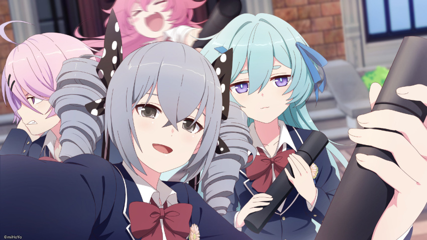 &gt;_&lt; 4girls :d ahoge artist_request blue_jacket blurry blush_stickers bronya_zaychik closed_eyes closed_mouth collarbone collared_shirt diploma drill_hair flower graduation group_picture hair_between_eyes hair_ornament hair_ribbon hairpin highres holding honkai_(series) honkai_impact_3rd insignia jacket light_blue_hair liliya_olenyeva long_hair long_sleeves looking_at_viewer looking_away multicolored_hair multiple_girls neck_ribbon official_art open_mouth outstretched_arm pink_hair pointing pointing_at_viewer purple_hair red_ribbon ribbon rozaliya_olenyeva school_uniform shirt sidelocks silver_hair sin_mal smile teeth tube twin_drills twintails two-tone_hair violet_eyes watermark white_shirt xd